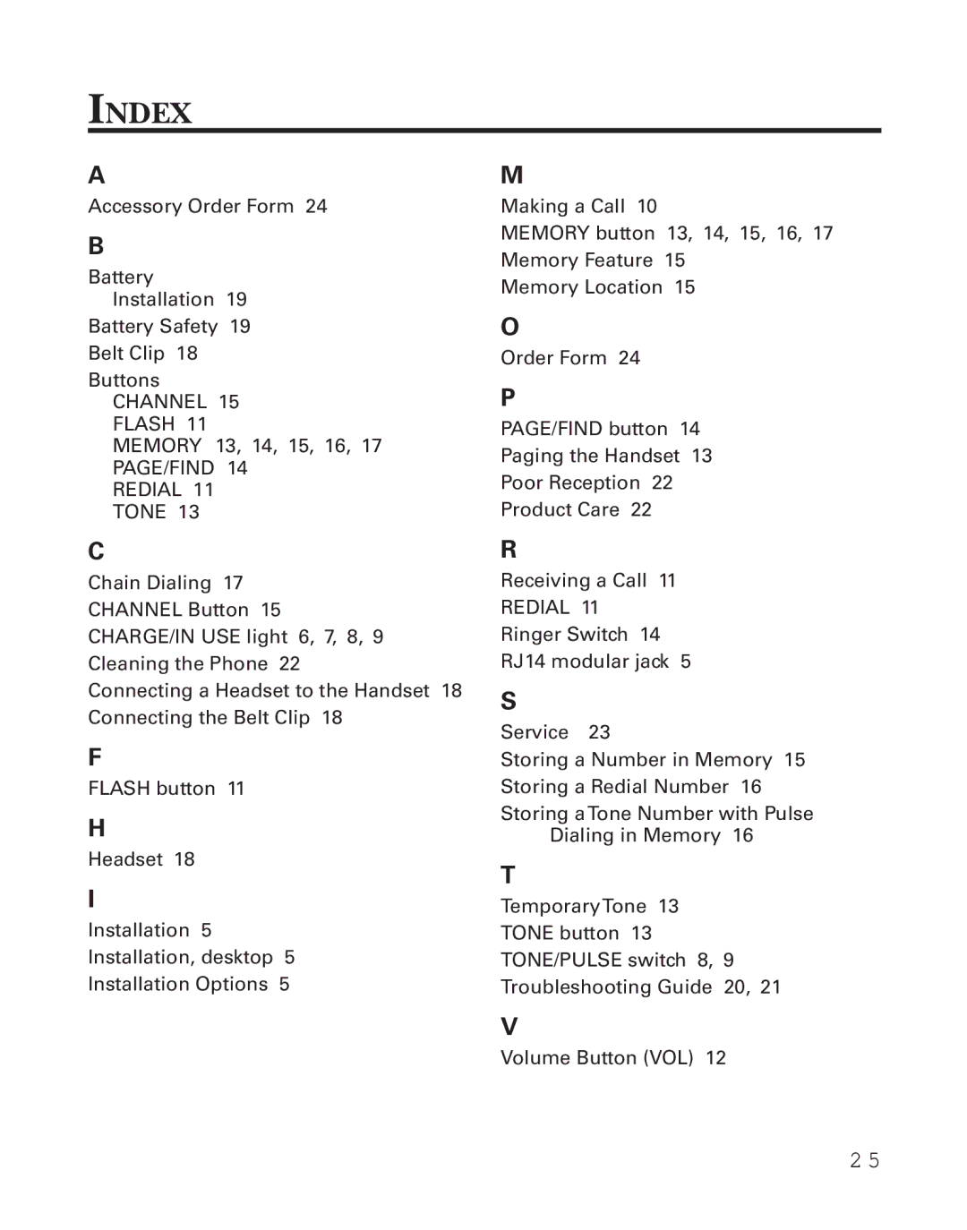 GE 2-9926 manual Index, Redial Tone 