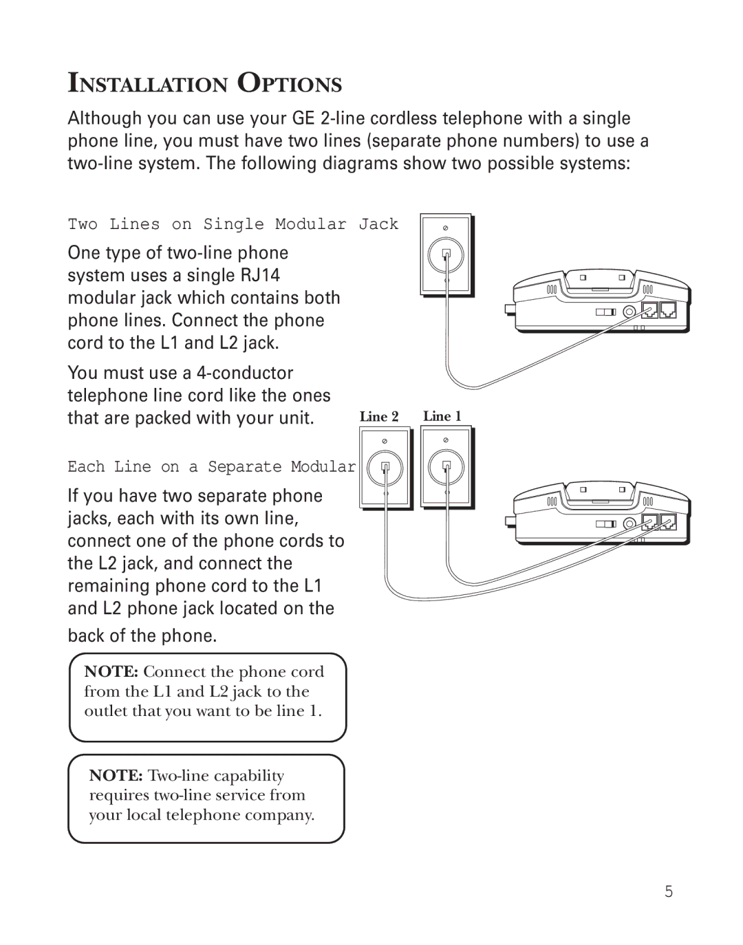 GE 2-9926 manual Installation Options, Two Lines on Single Modular Jack 