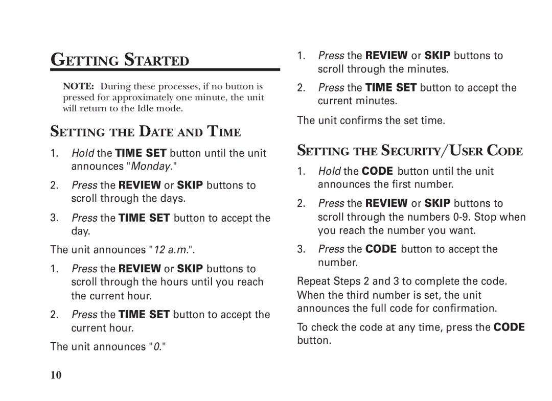 GE 2-9991, 15298530 manual Getting Started, Setting the Date and Time, Setting the SECURITY/USER Code 