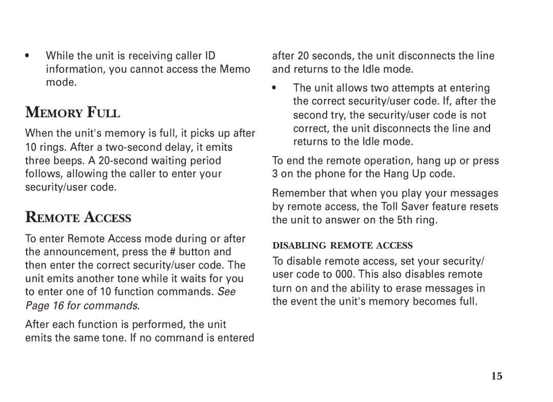 GE 15298530, 2-9991 manual Memory Full, Remote Access 