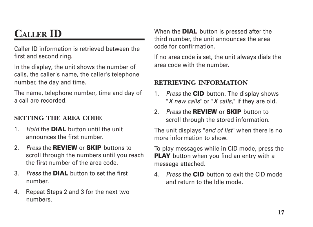 GE 15298530, 2-9991 manual Caller ID, Setting the Area Code, Retrieving Information 