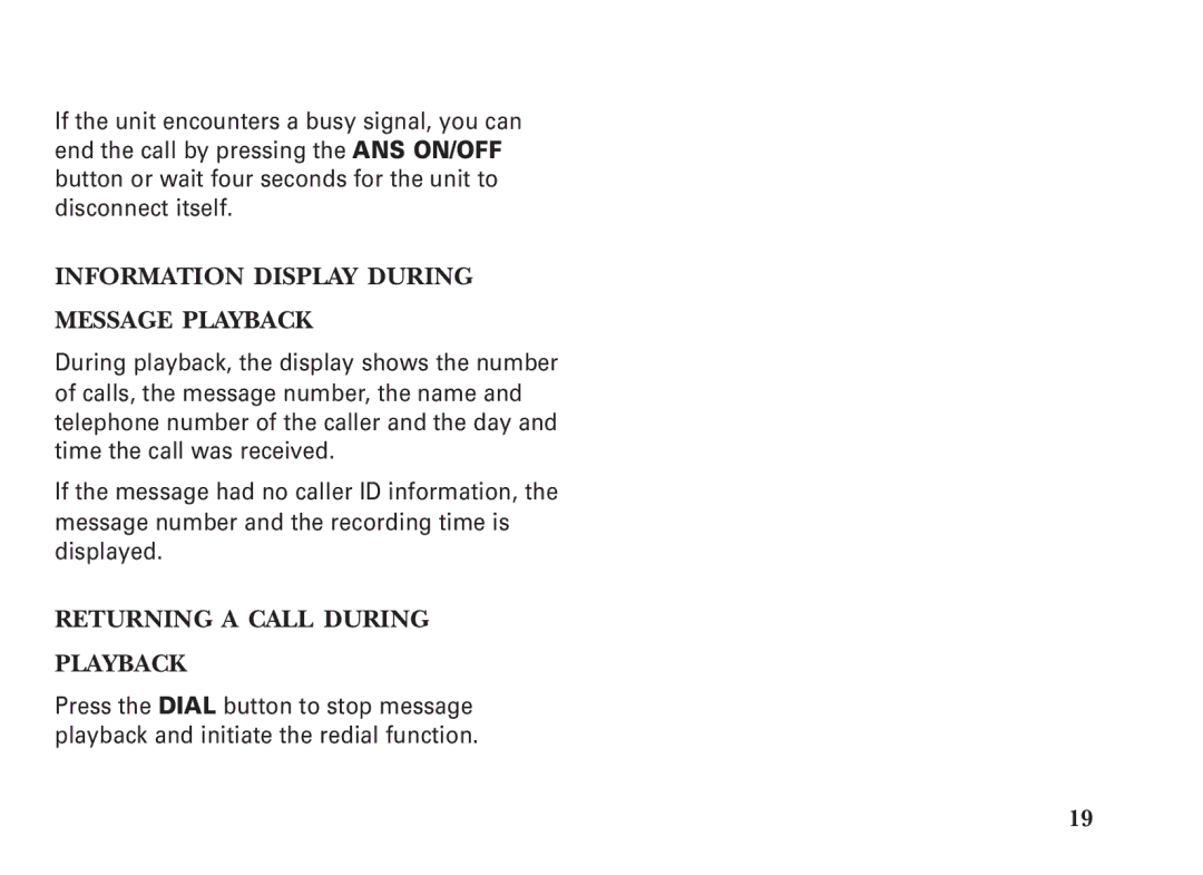 GE 15298530, 2-9991 manual Information Display During Message Playback, Returning a Call During Playback 