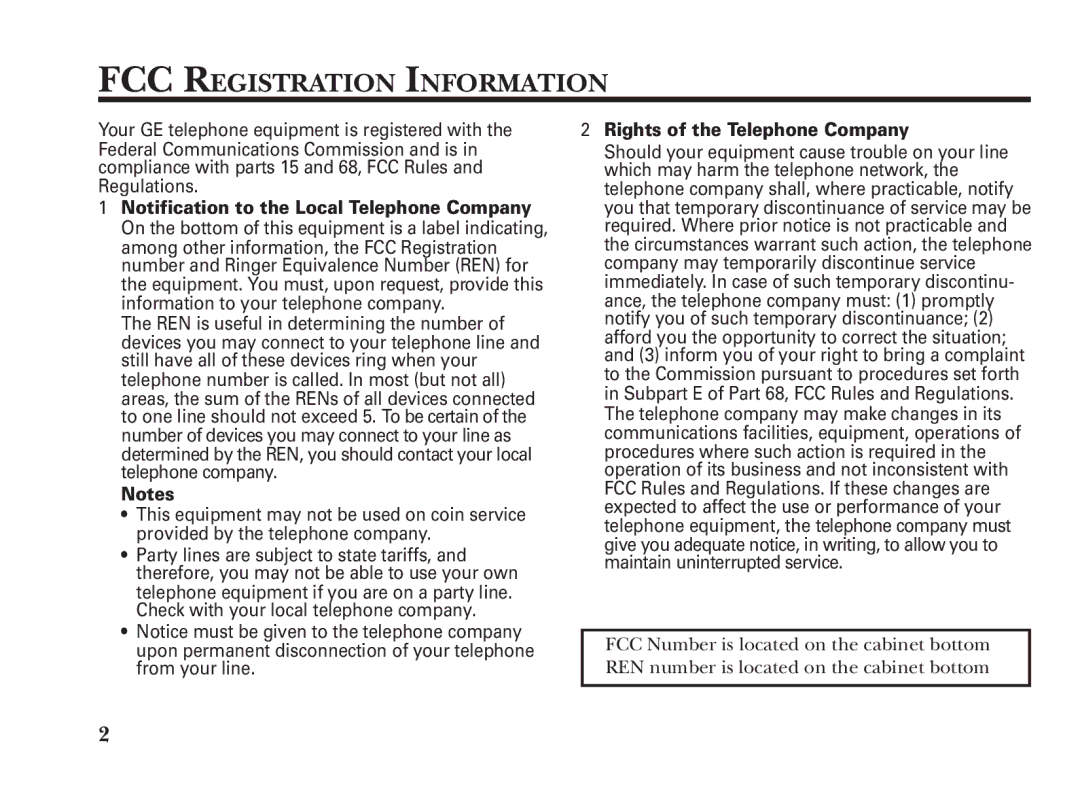 GE 2-9991, 15298530 manual FCC Registration Information, Rights of the Telephone Company 