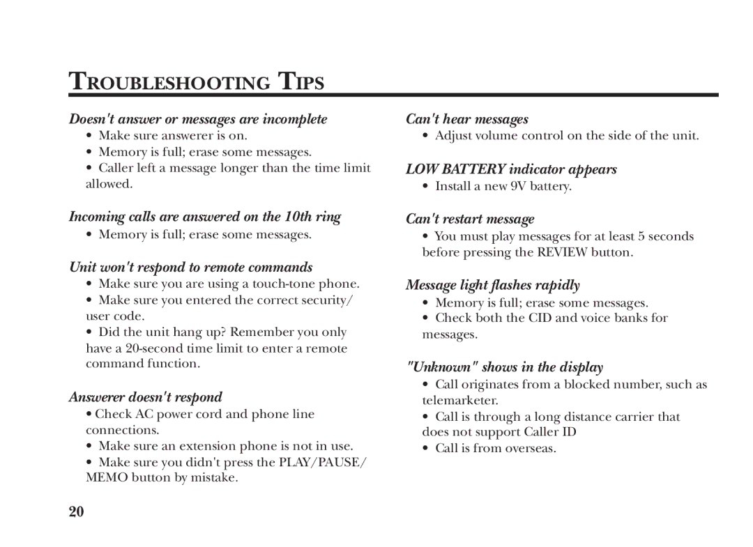 GE 2-9991, 15298530 manual Troubleshooting Tips, Doesnt answer or messages are incomplete 