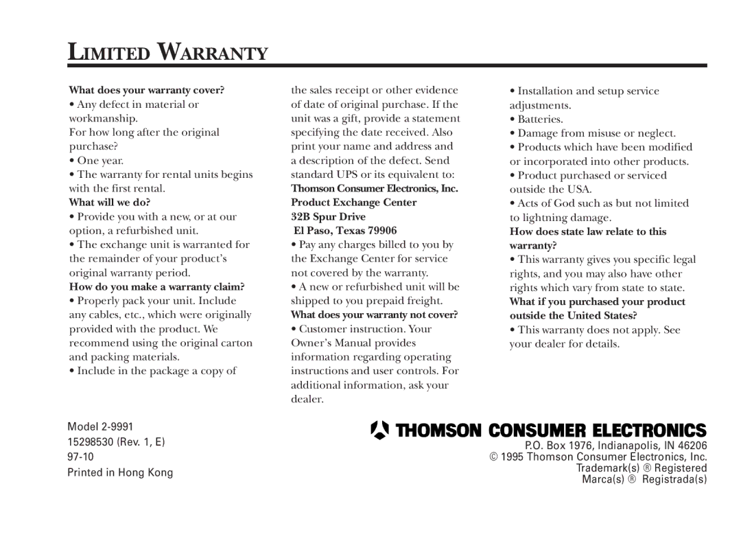 GE 2-9991, 15298530 manual Limited Warranty, What does your warranty cover? 