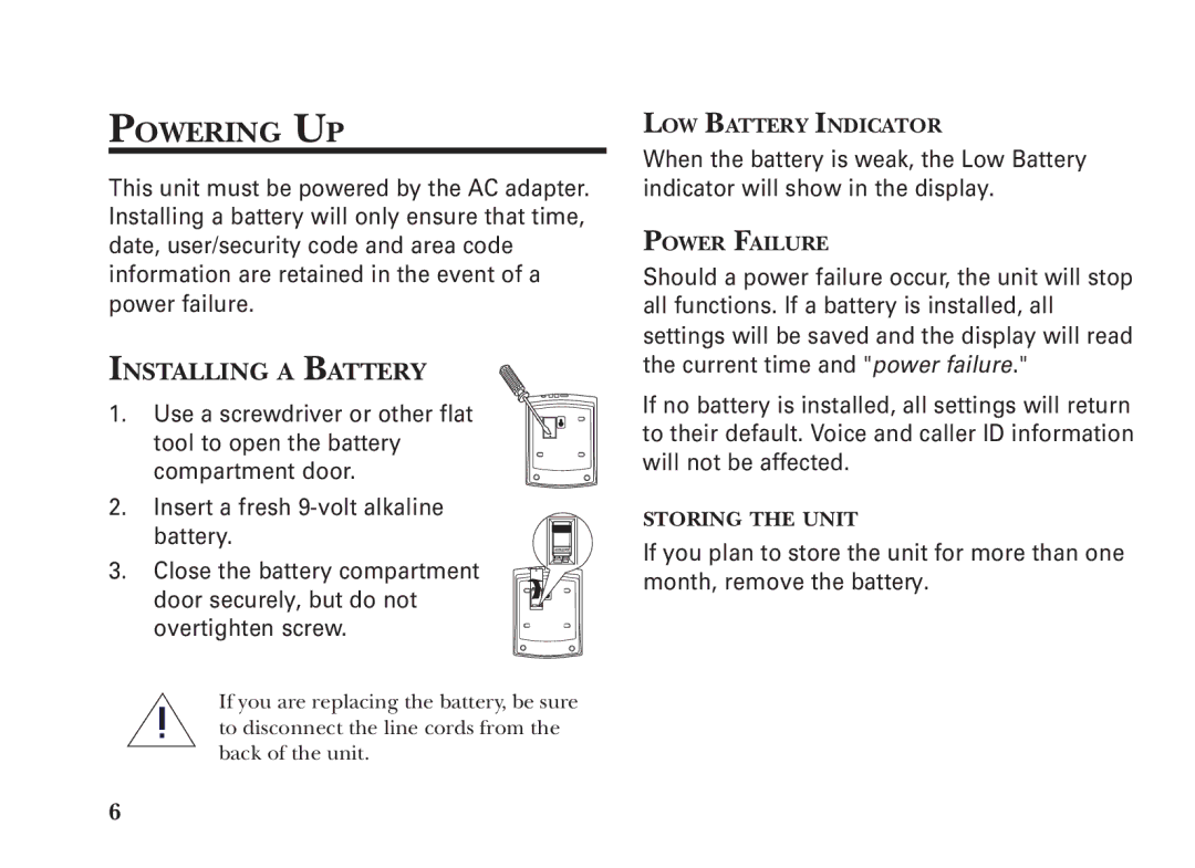 GE 2-9991, 15298530 manual Powering UP, Installing a Battery 