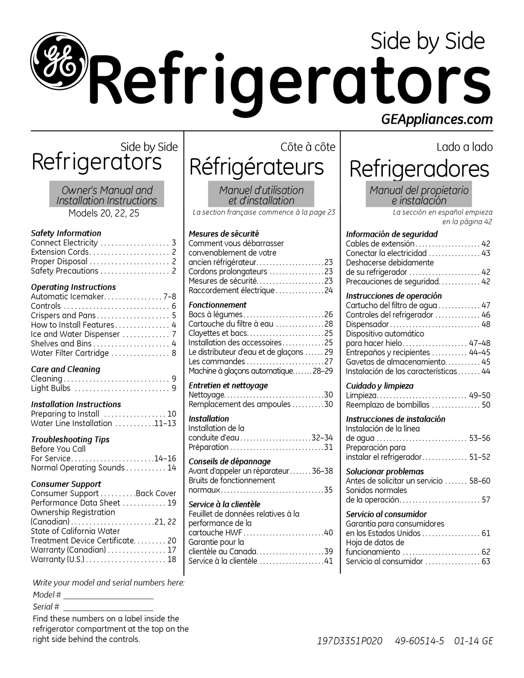 GE 22, 20 manuel dutilisation Safety Information, Operating Instructions, Care and Cleaning, Installation Instructions 