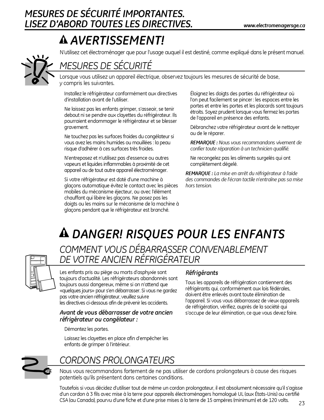 GE 22, 20 manuel dutilisation Réfrigérants, Les directives ci-dessous afin de prévenir les accidents, „ Démontez les portes 