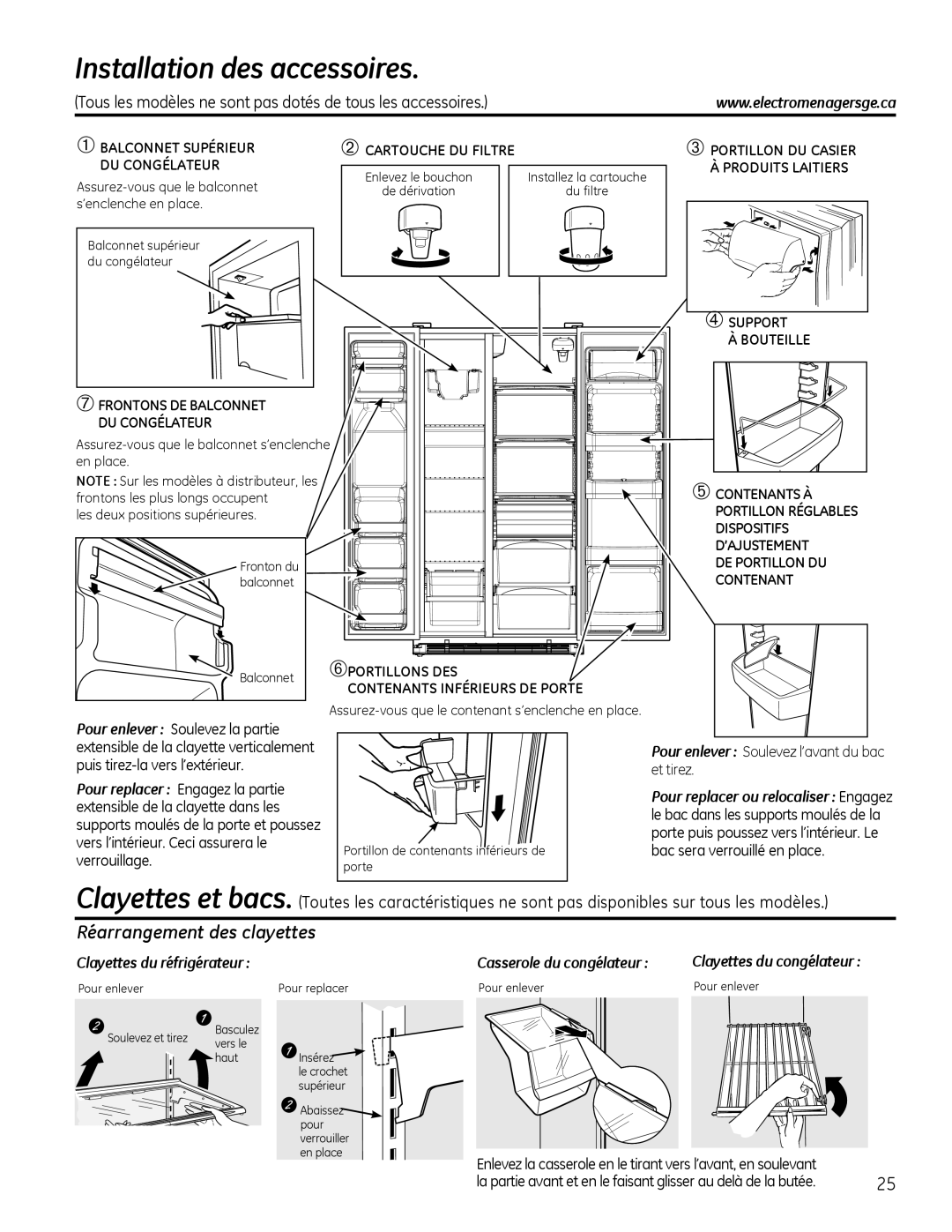 GE 22, 20 Installation des accessoires, Réarrangement des clayettes, Clayettes du réfrigérateur, Casserole du congélateur 