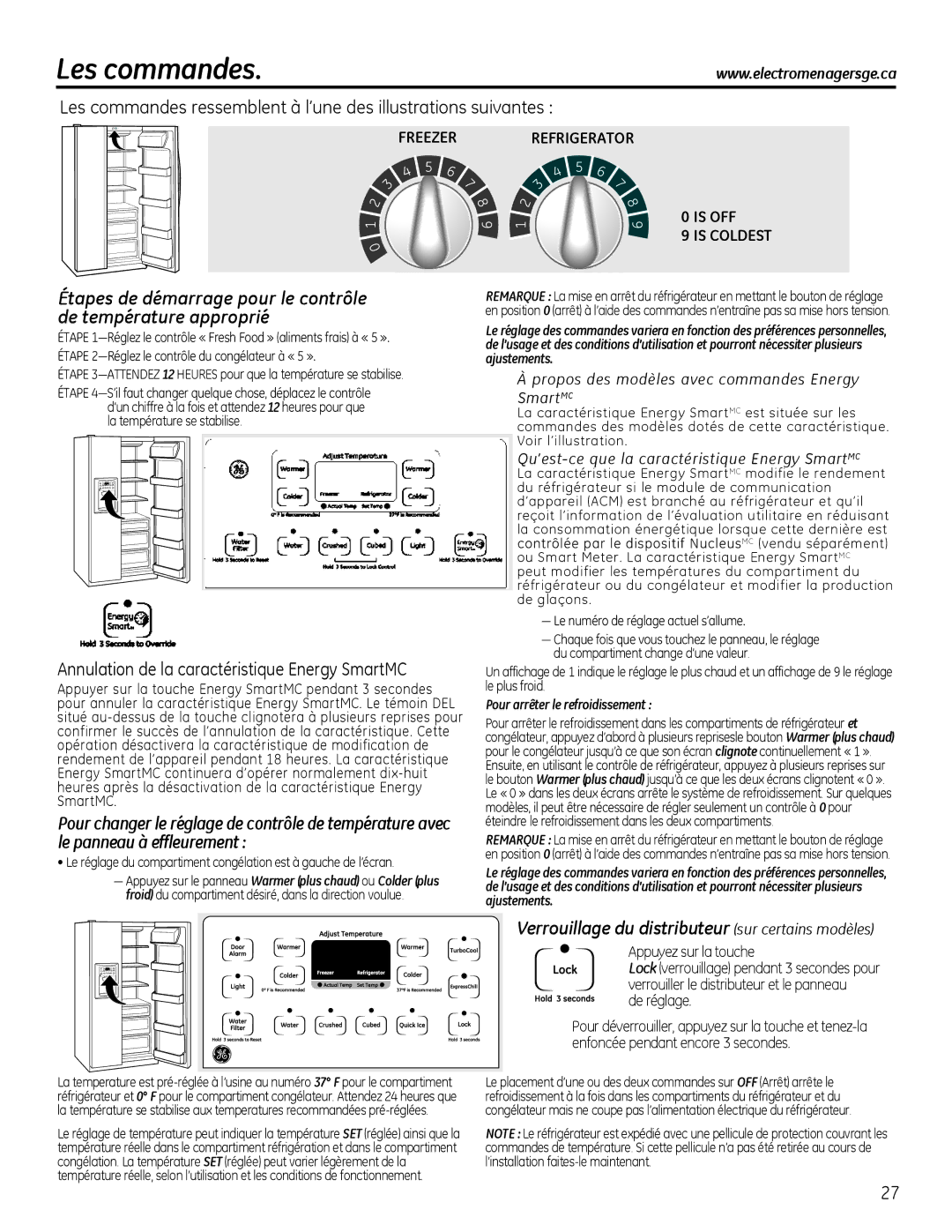 GE 22, 20 Les commandes, Verrouillage du distributeur sur certains modèles, Appuyez sur la touche, De réglage 