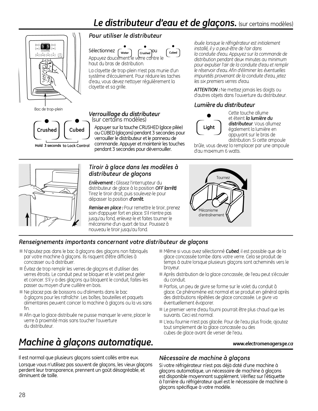 GE 20, 22 manuel dutilisation Le distributeur d’eau et de glaçons. sur certains modèles, Machine à glaçons automatique 