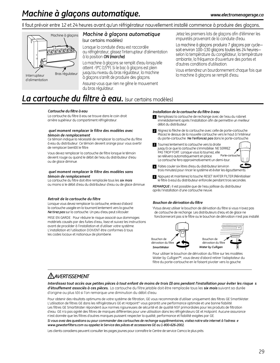 GE 22, 20 manuel dutilisation La cartouche du filtre à eau. sur certains modèles, Machine à glaçons automatique 