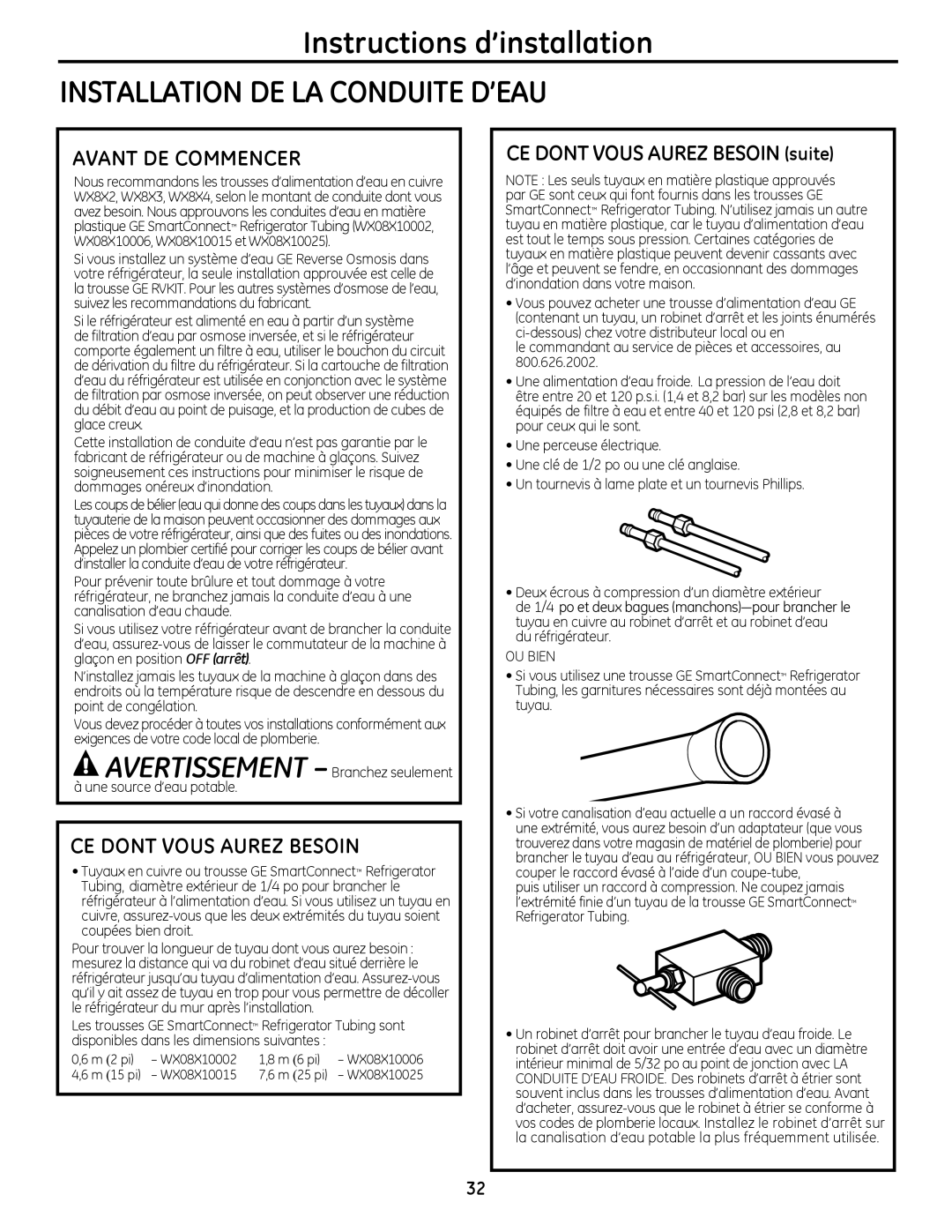 GE 20, 22 Avant DE Commencer, CE Dont Vous Aurez Besoin, Avertissement Branchez seulement à une source d’eau potable 
