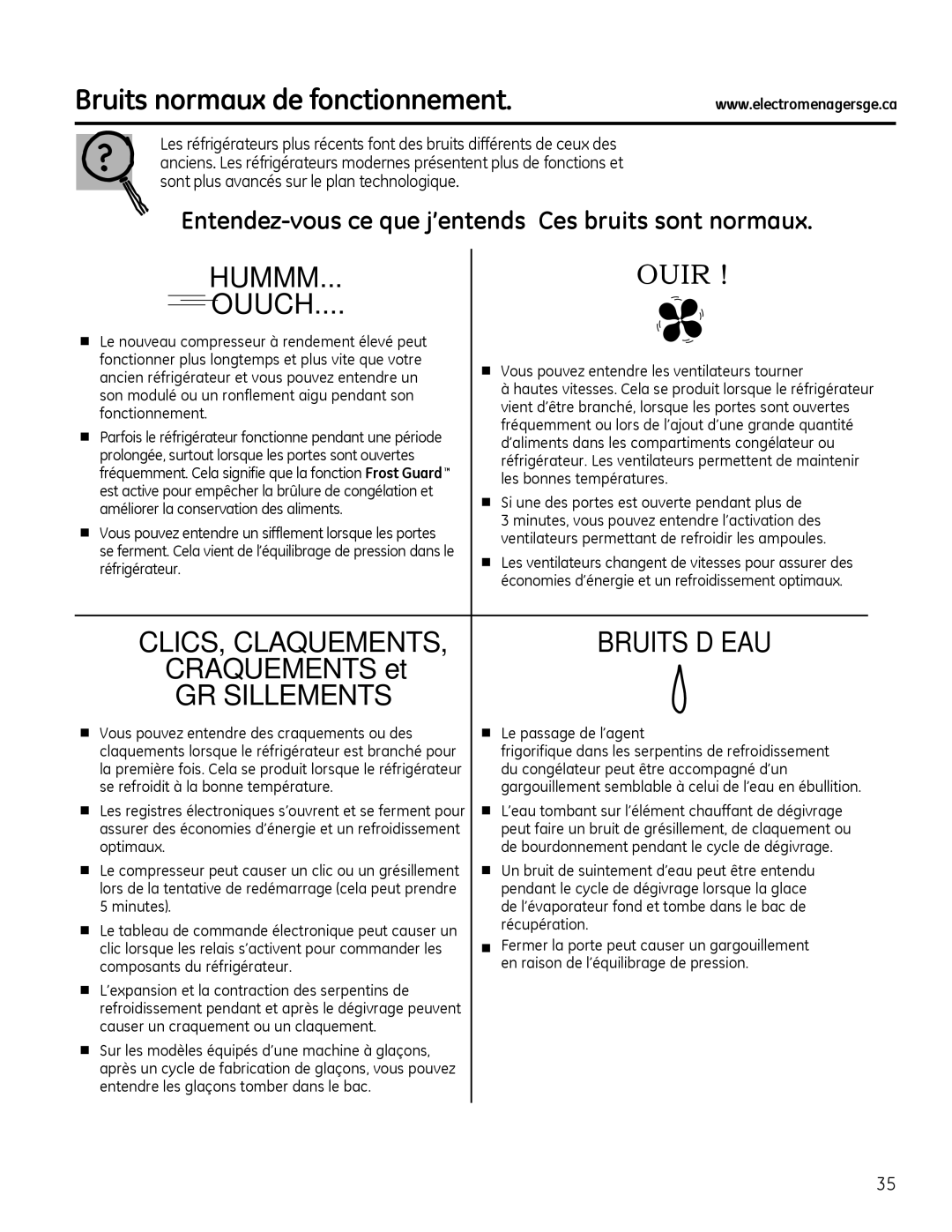 GE 22, 20 manuel dutilisation Bruits normaux de fonctionnement, CLICS, Claquements, Les bonnes températures 