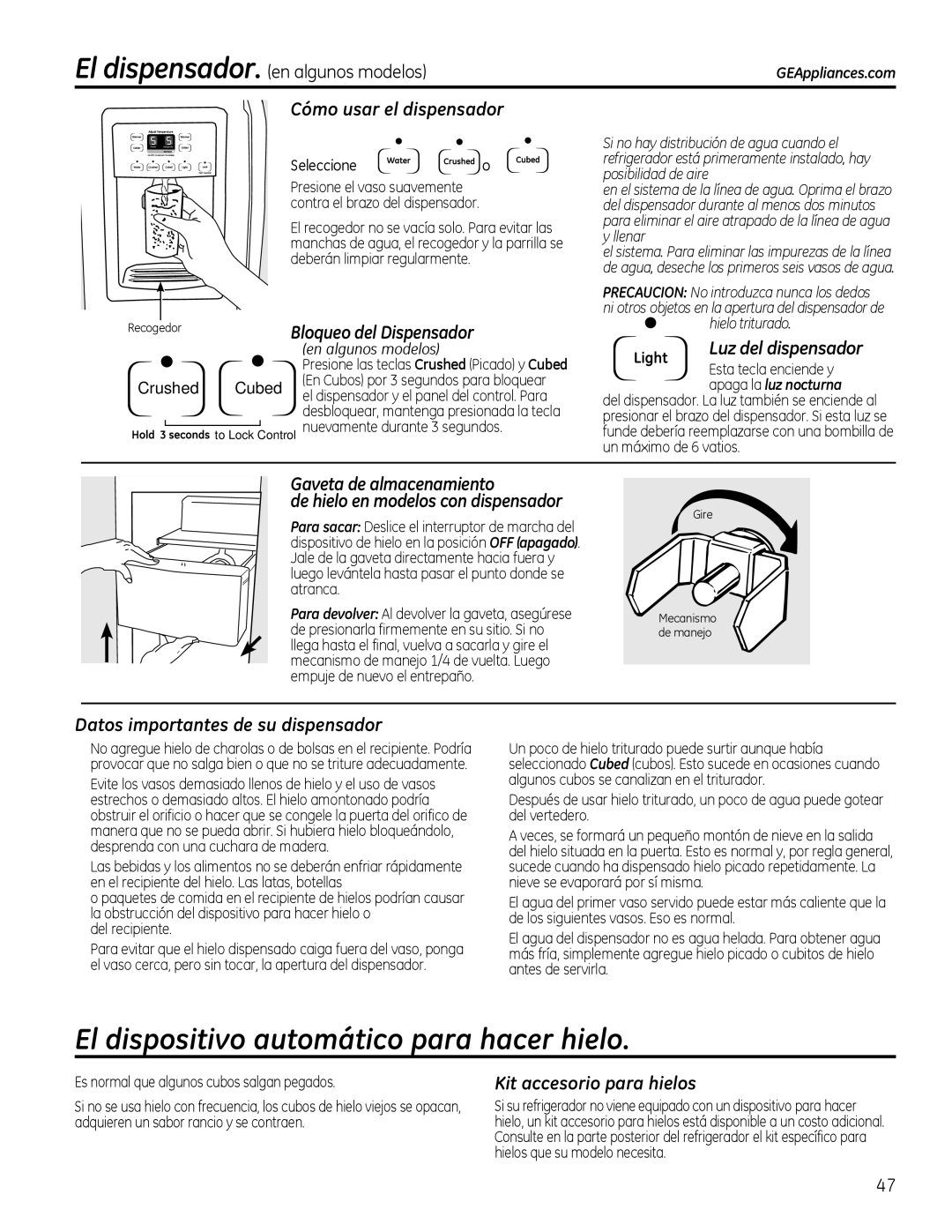 GE 22, 20 GLVSRVLWLYRDXWRPiWLFRSDUDKDFHUKLHOR, Recogedor%ORTXHRGHOLVSHQVDGRU, Seleccione o, En algunos modelos 