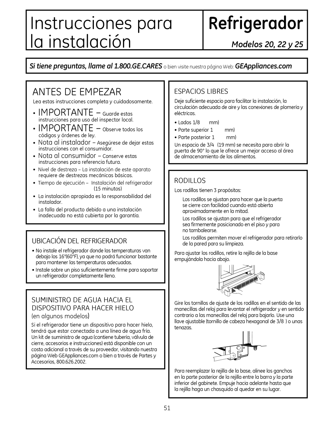 GE 22, 20 manuel dutilisation Lea estas instrucciones completa y cuidadosamente, Instrucciones para referencia futura 