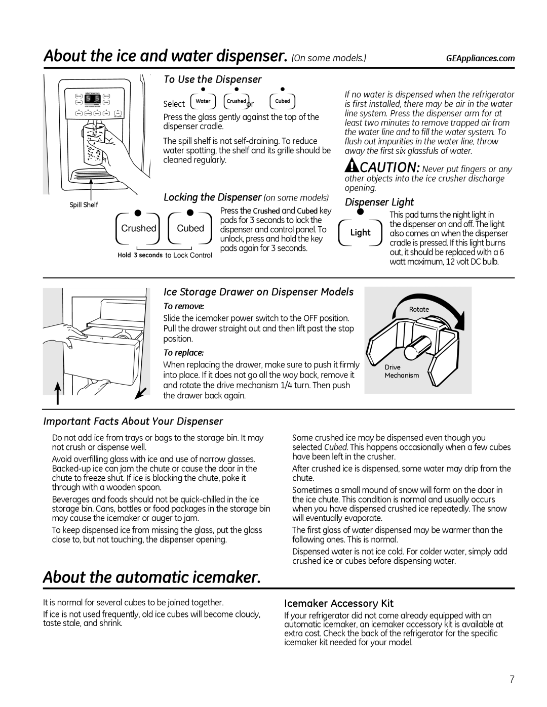 GE 22, 20 manuel dutilisation About the ice and water dispenser. On some models, About the automatic icemaker 