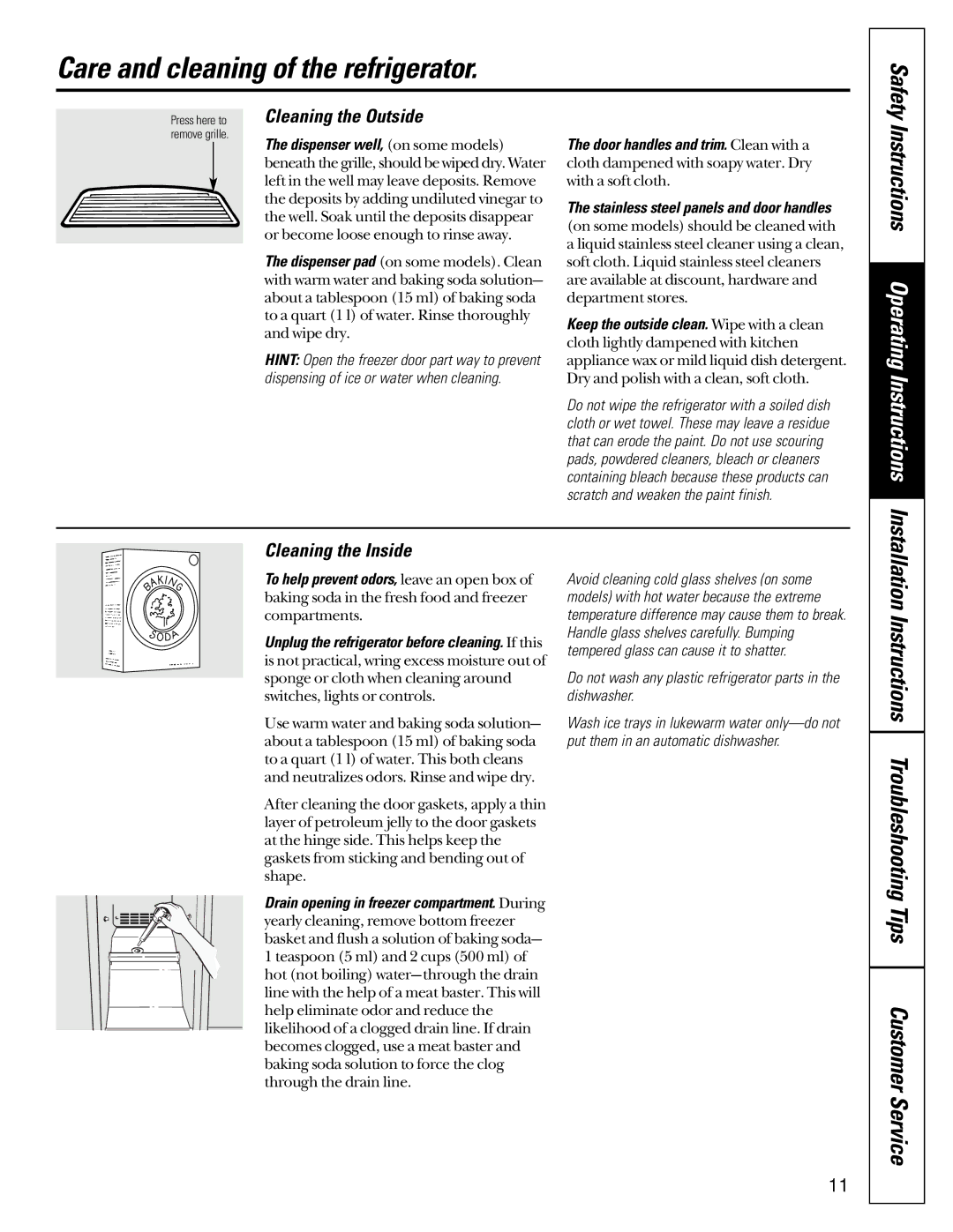 GE 20-27 Care and cleaning of the refrigerator, Instructions Operating Instructions, Cleaning the Outside, Safety 