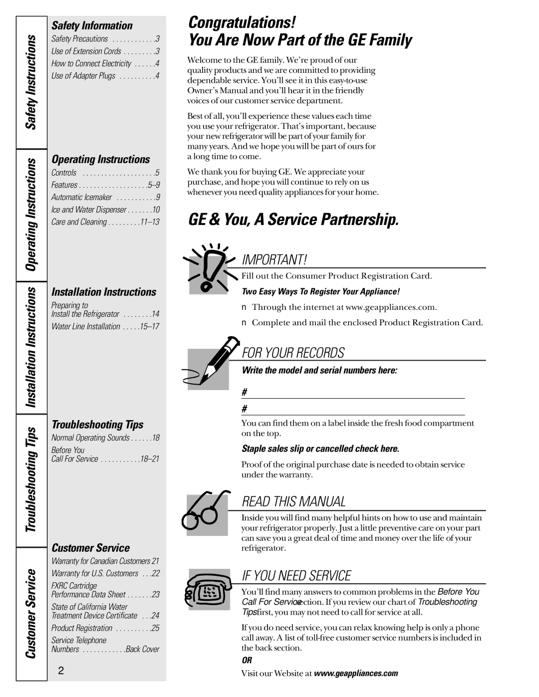 GE 20-27 owner manual Congratulations You Are Now Part of the GE Family, GE & You, a Service Partnership, Customer Service 