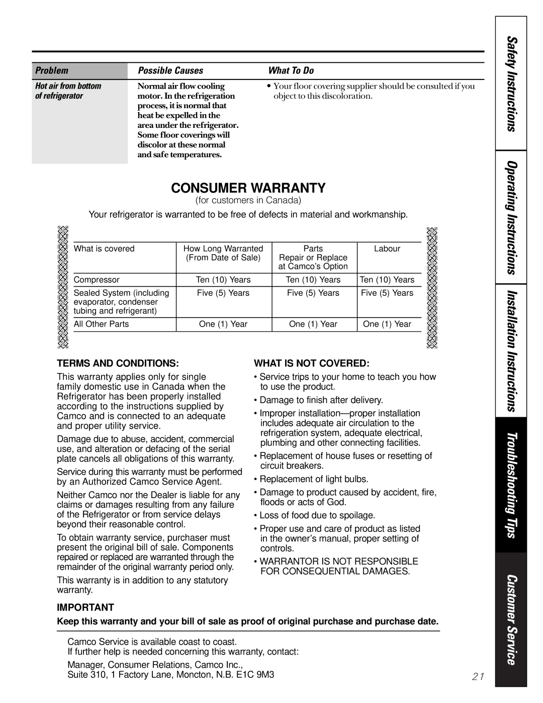 GE 20-27 Instructions Troubleshooting Tips, Service, Safety Instructions Operating Instructions Installation, Refrigerator 