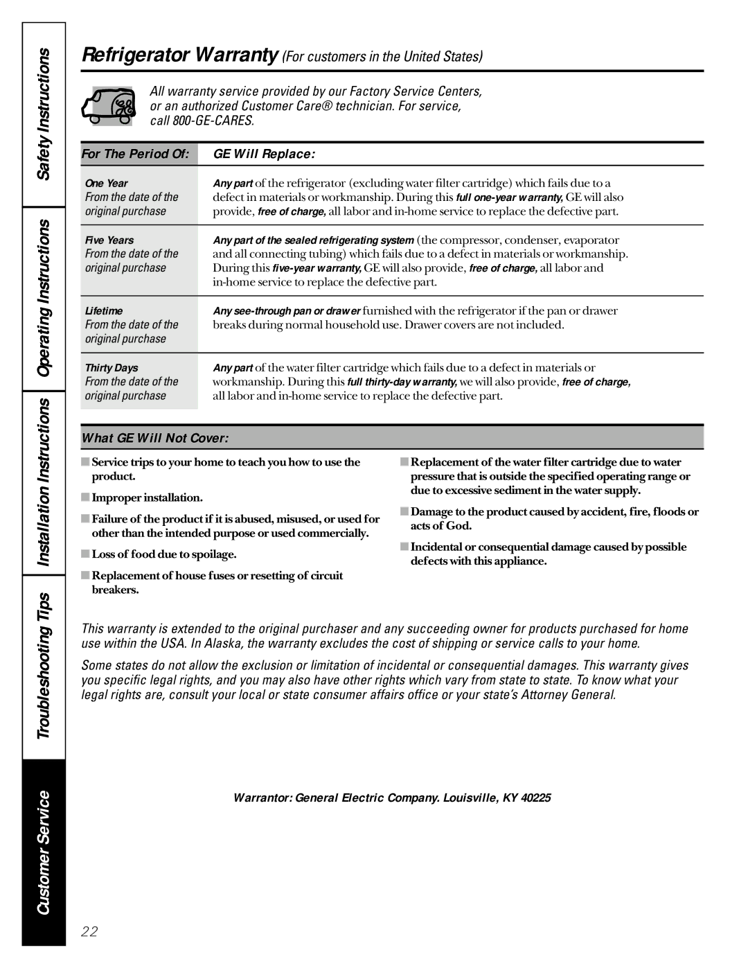 GE 20-27 owner manual OperatingInstructions SafetyInstructions, Customer Service, GE Will Replace, What GE Will Not Cover 