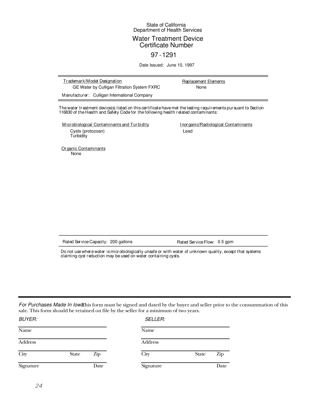 GE 20-27 owner manual Water Treatment Device 