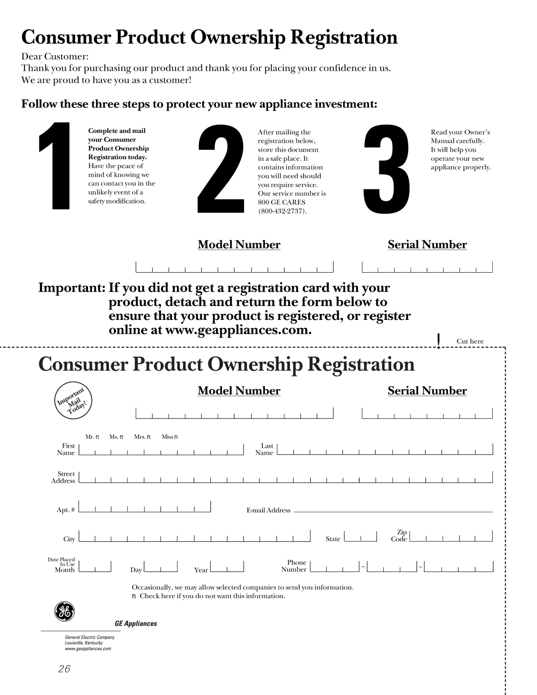 GE 20-27 owner manual Consumer Product Ownership Registration 