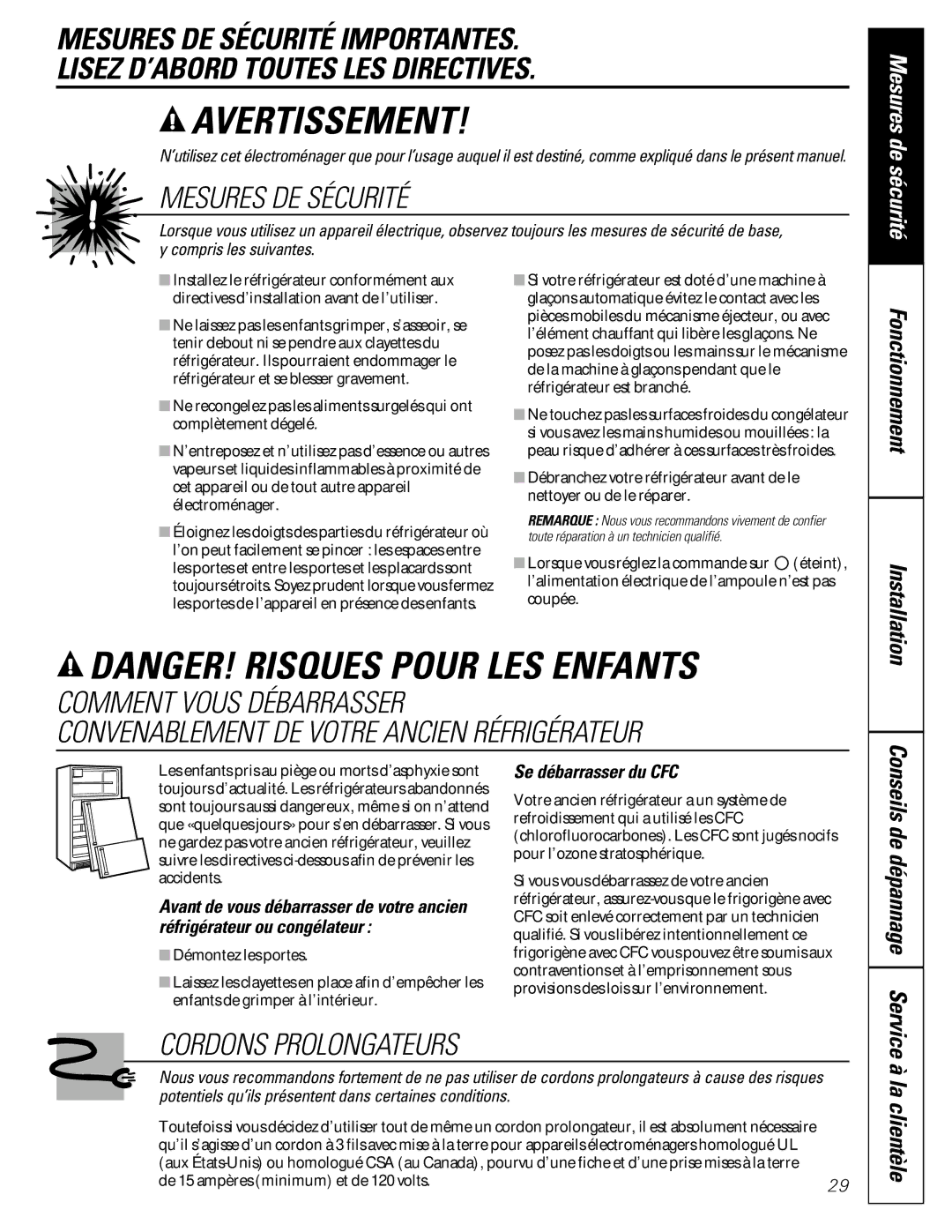 GE 20-27 owner manual La clientèle, Conseils de dépannage Service, Se débarrasser du CFC 