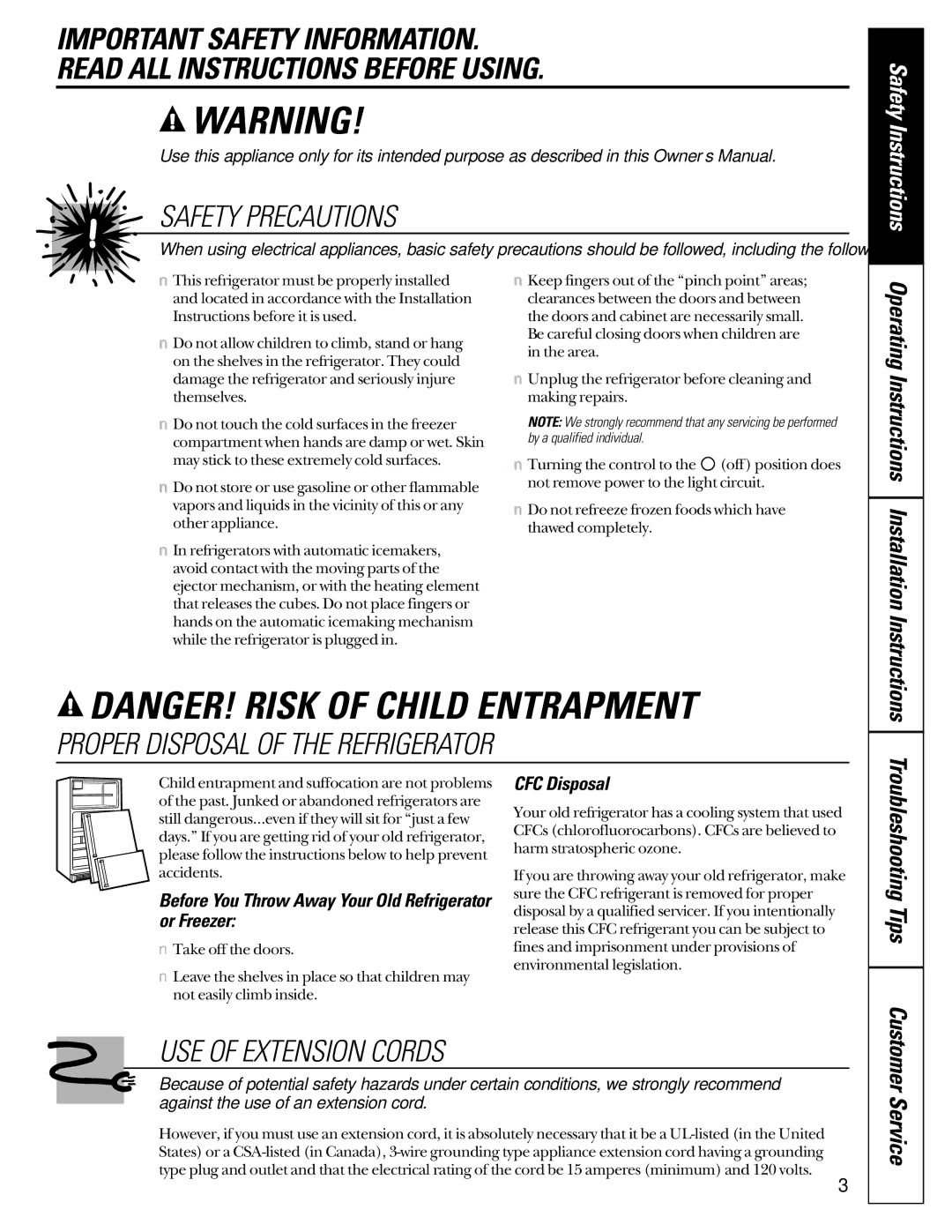 GE 20-27 Safety Instructions, Troubleshooting Tips, Before You Throw Away Your Old Refrigerator or Freezer, CFC Disposal 