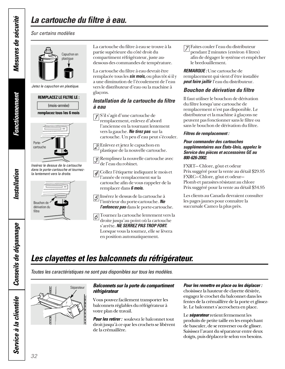 GE 20-27 owner manual La cartouche du filtre à eau, Les clayettes et les balconnets du réfrigérateur, De sécurité 