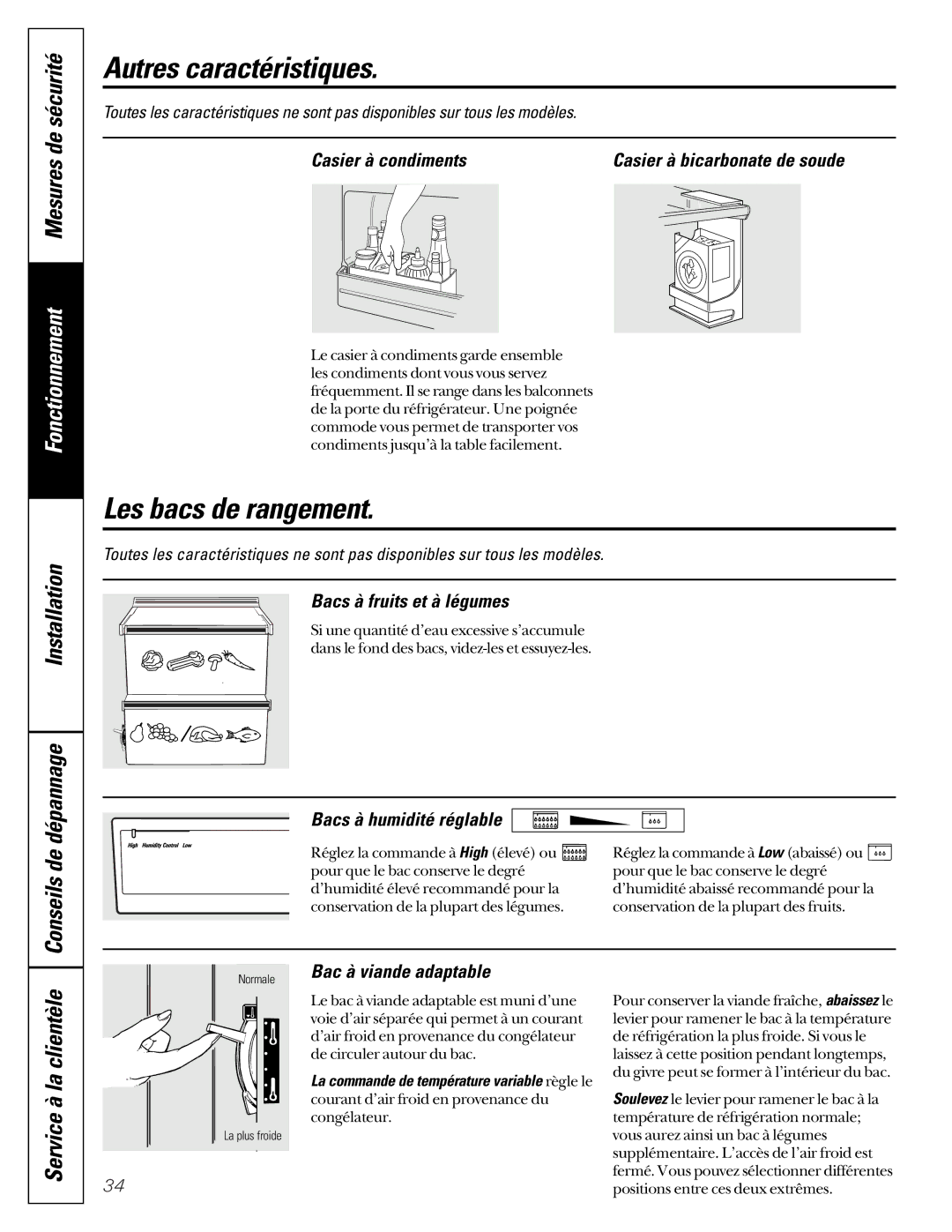 GE 20-27 owner manual Autres caractéristiques, Les bacs de rangement, Installation Conseils de dépannage 