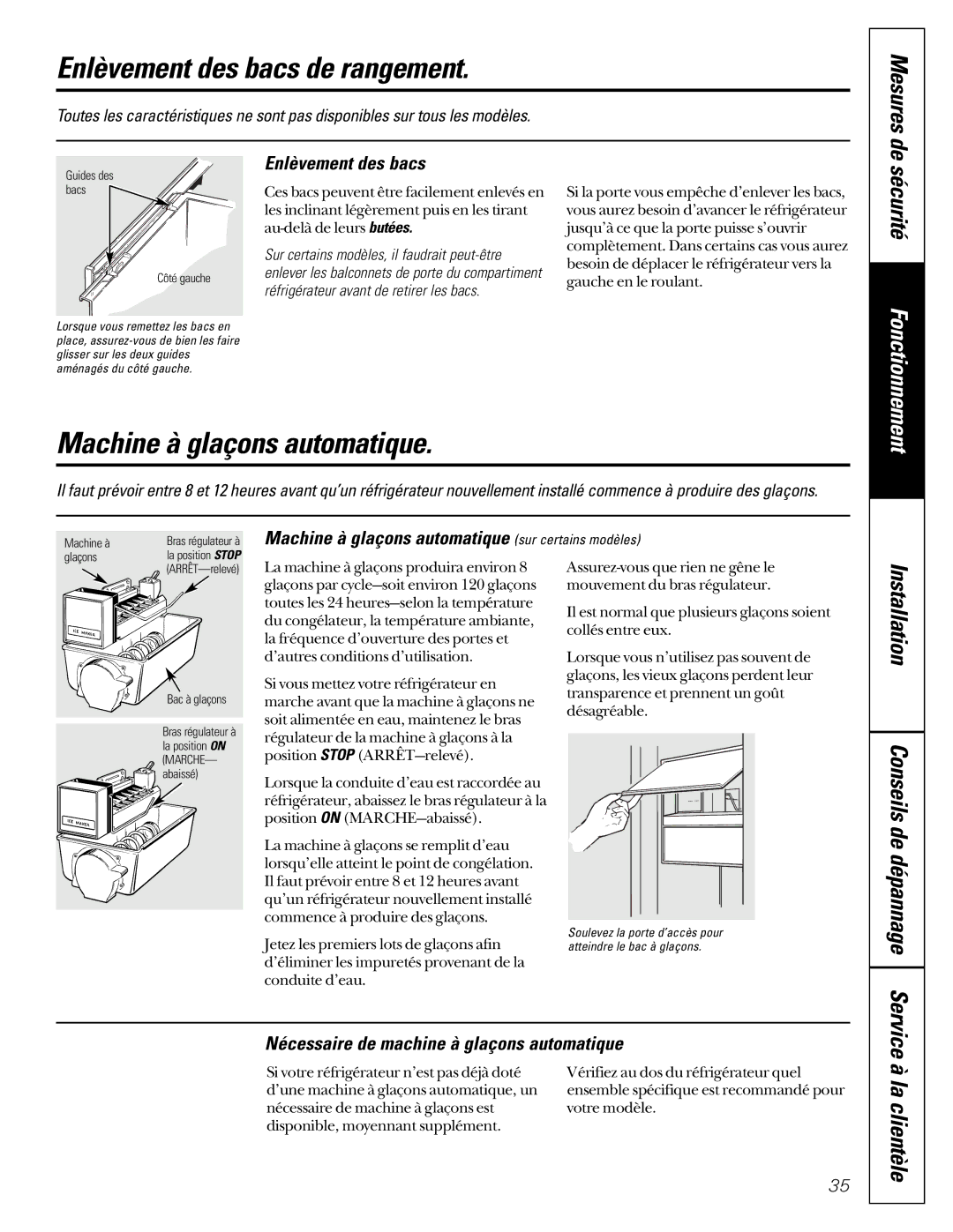 GE 20-27 owner manual Enlèvement des bacs de rangement, Machine à glaçons automatique 