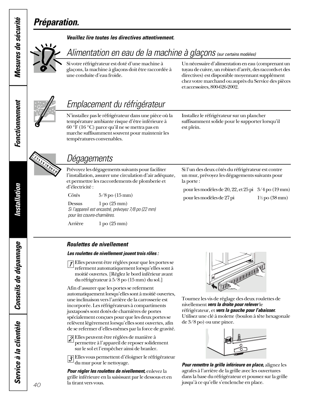 GE 20-27 Préparation, Emplacement du réfrigérateur, Dégagements, Mesures de sécurité Fonctionnement, Installation 