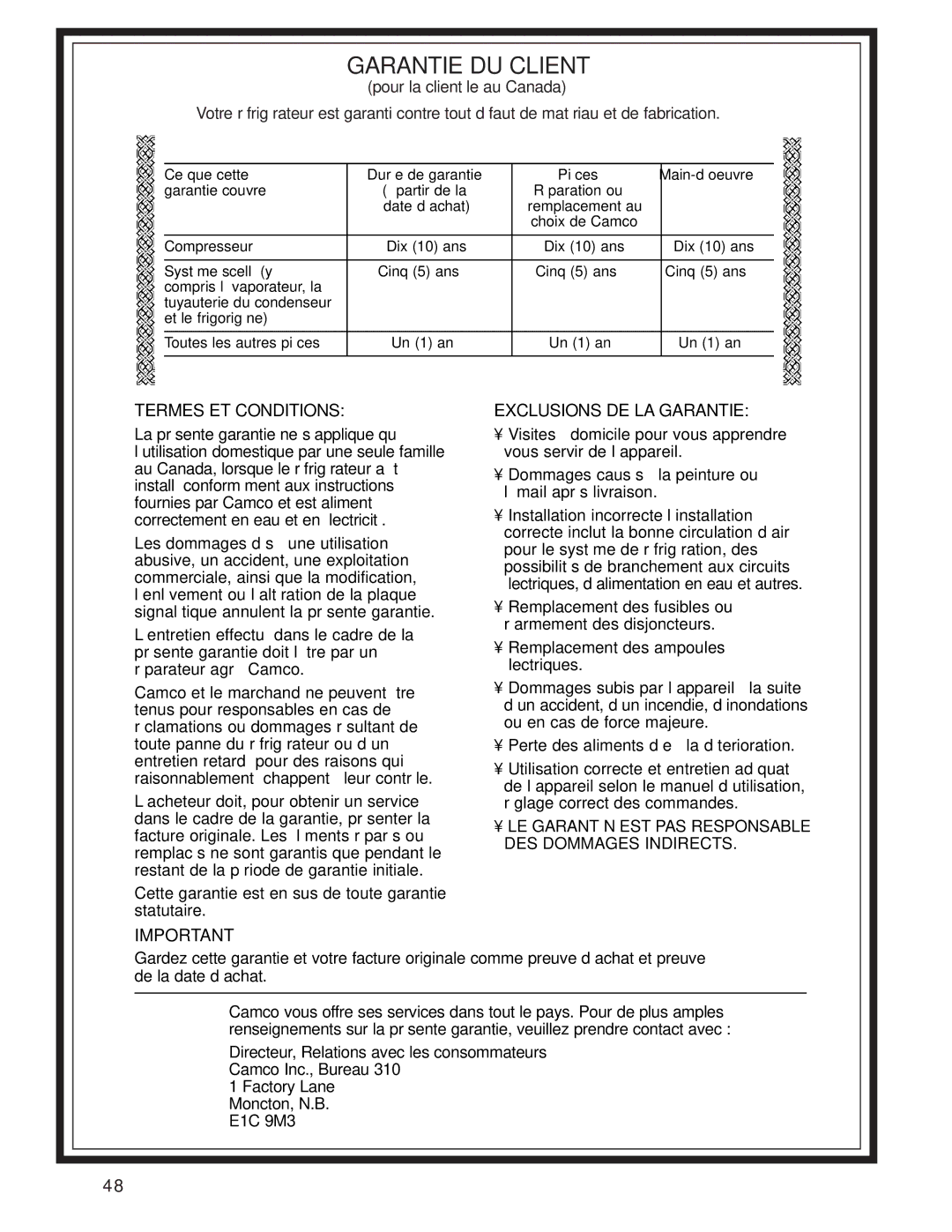 GE 20-27 owner manual Garantie DU Client 