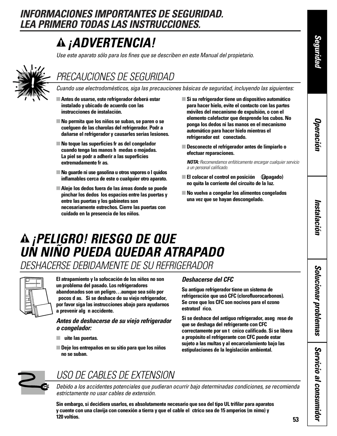 GE 20-27 Seguridad, Al consumidor, Antes de deshacerse de su viejo refrigerador o congelador, Deshacerse del CFC 