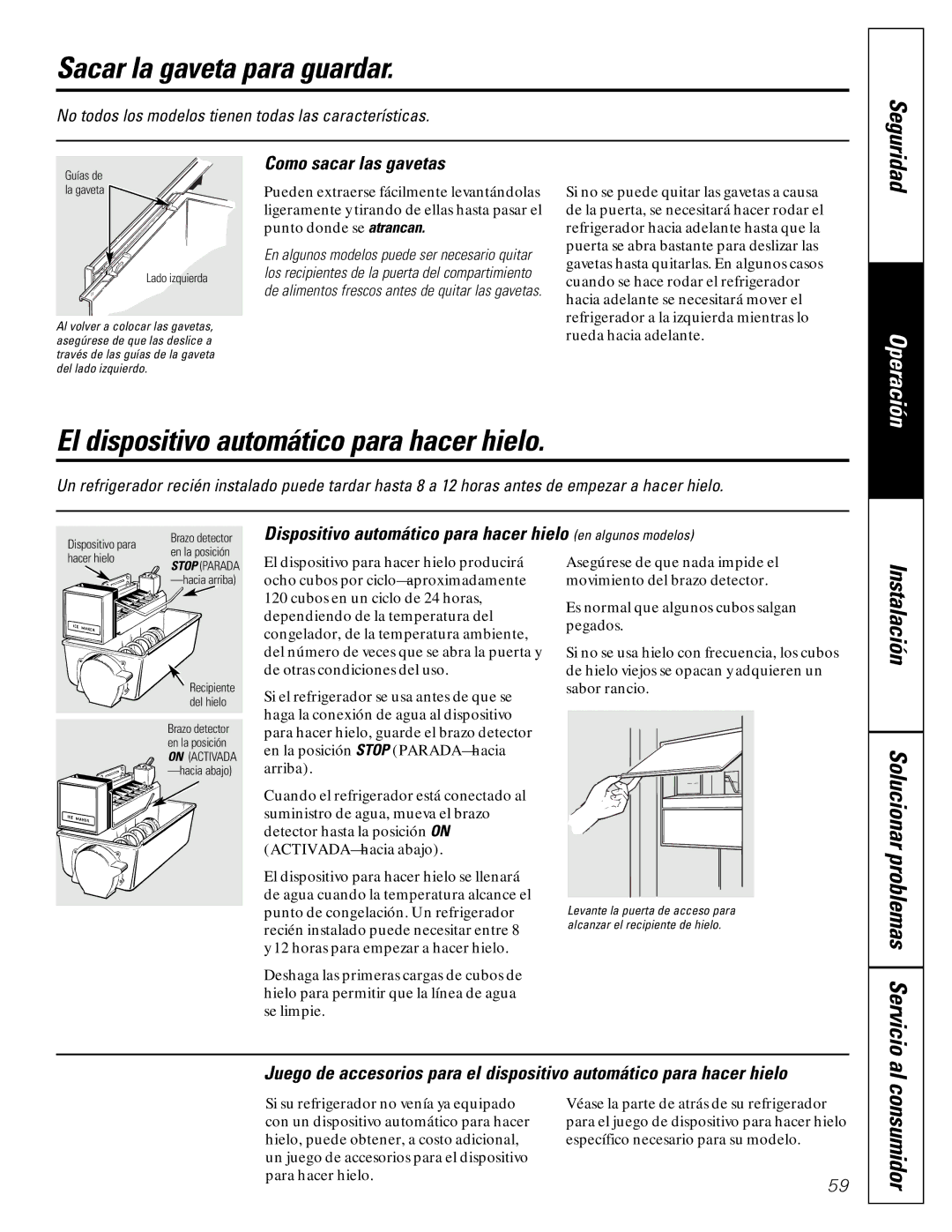 GE 20-27 Sacar la gaveta para guardar, El dispositivo automático para hacer hielo, Solucionar problemas Servicio 