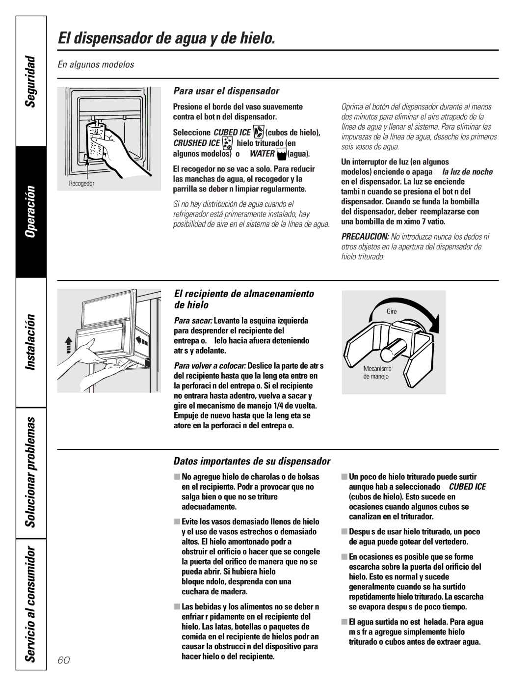 GE 20-27 owner manual El dispensador de agua y de hielo, Servicio al consumidor Solucionar, Para usar el dispensador 