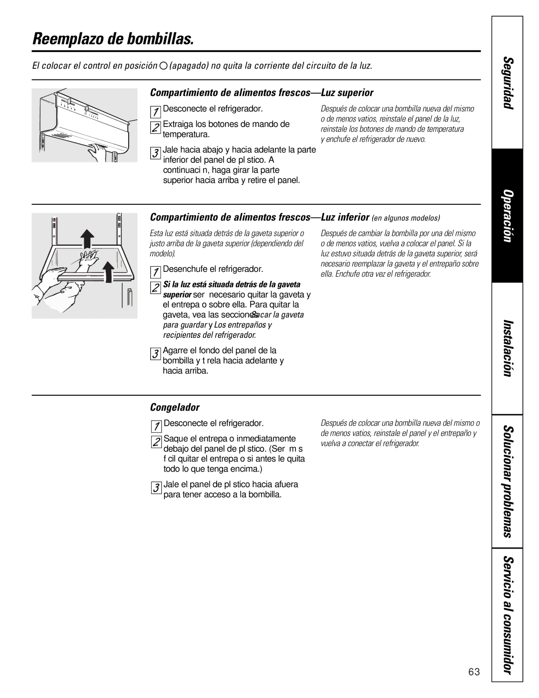 GE 20-27 owner manual Reemplazo de bombillas, Solucionar problemas Servicio al consumidor, Congelador, Seguridad 