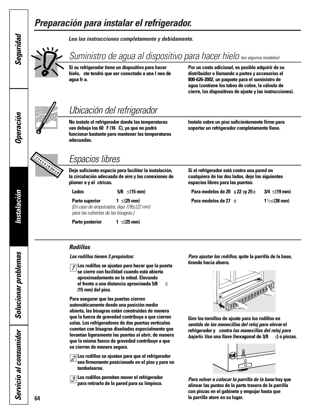 GE 20-27 Preparación para instalar el refrigerador, Ubicación del refrigerador, Espacios libres, Instalación, Rodillos 