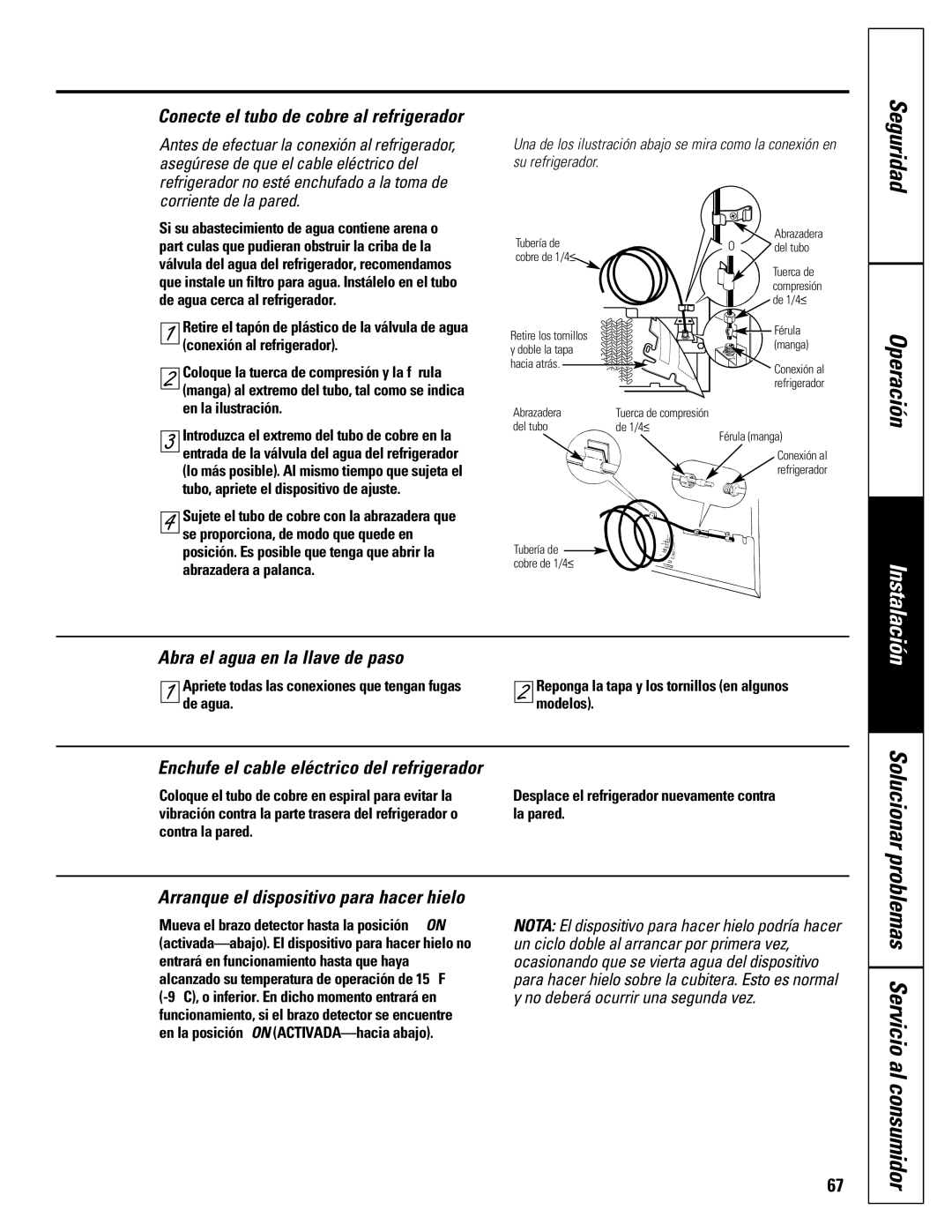 GE 20-27 owner manual Conecte el tubo de cobre al refrigerador, Abra el agua en la llave de paso 