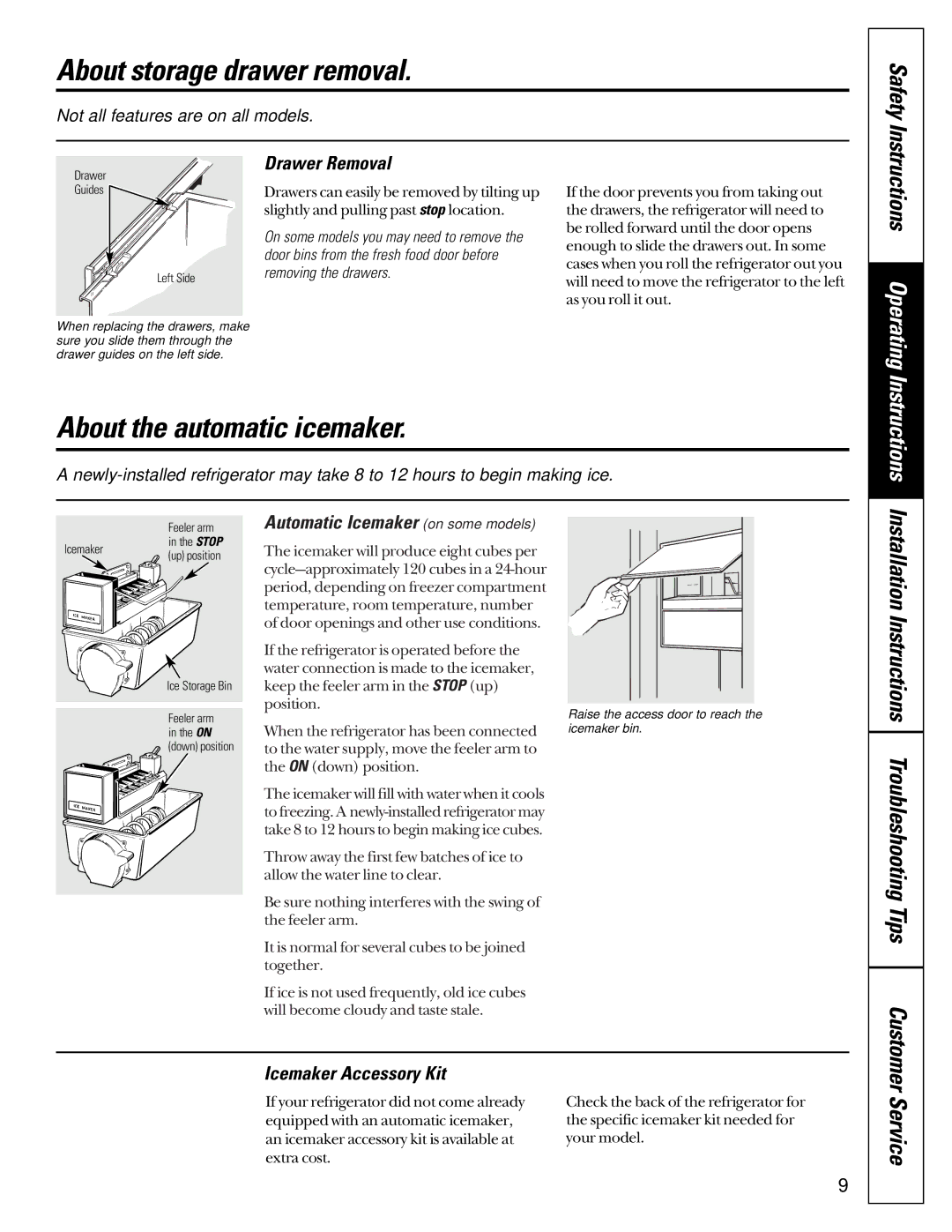 GE 20-27 owner manual About storage drawer removal, About the automatic icemaker, Safety, Instructions Operating, Service 