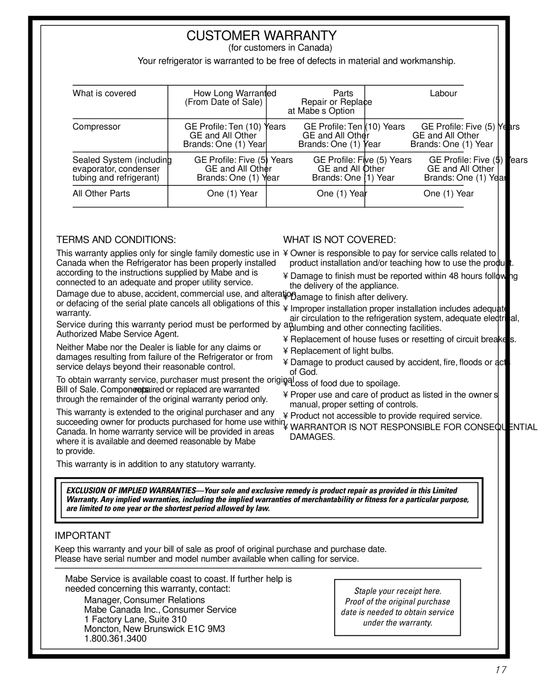 GE 20 manuel dutilisation Customer Warranty 