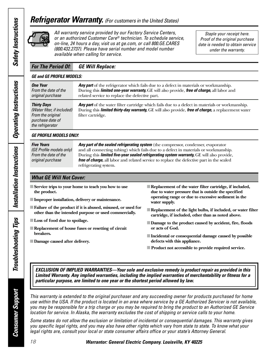 GE 20 manuel dutilisation Instructions Operating Instructions Safety Instructions, GE Will Replace, What GE Will Not Cover 