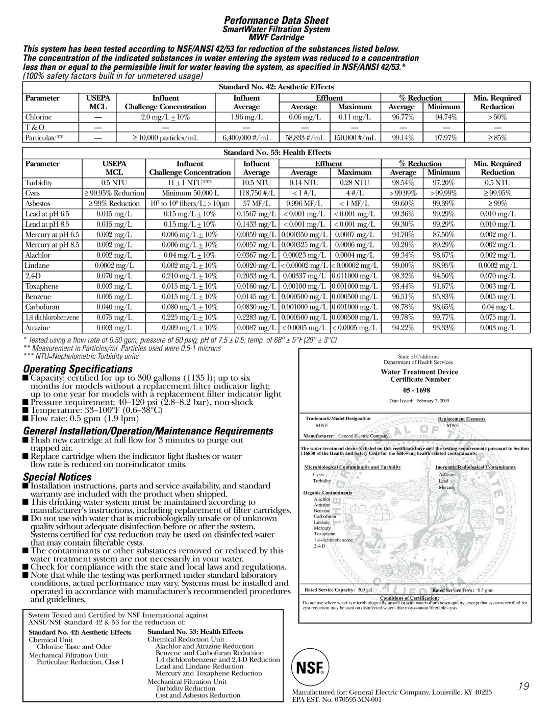 GE 20 manuel dutilisation Performance Data Sheet, Operating Specifications, Special Notices 