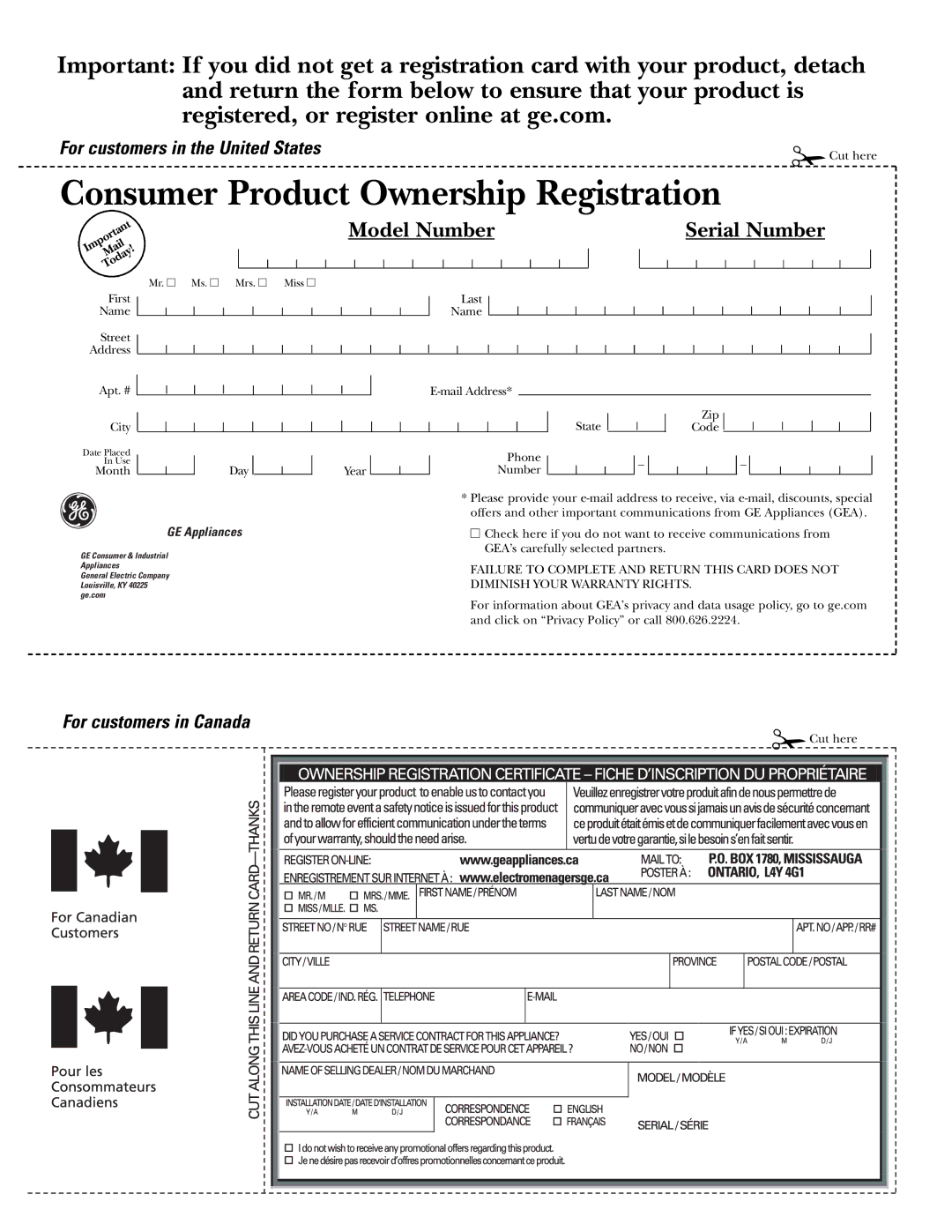 GE 20 manuel dutilisation For customers in the United States, For customers in Canada 