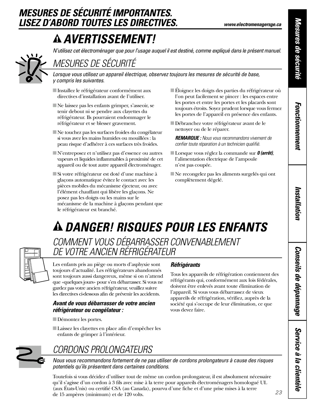 GE 20 manuel dutilisation Fonctionnement, La clientèle, Réfrigérants 