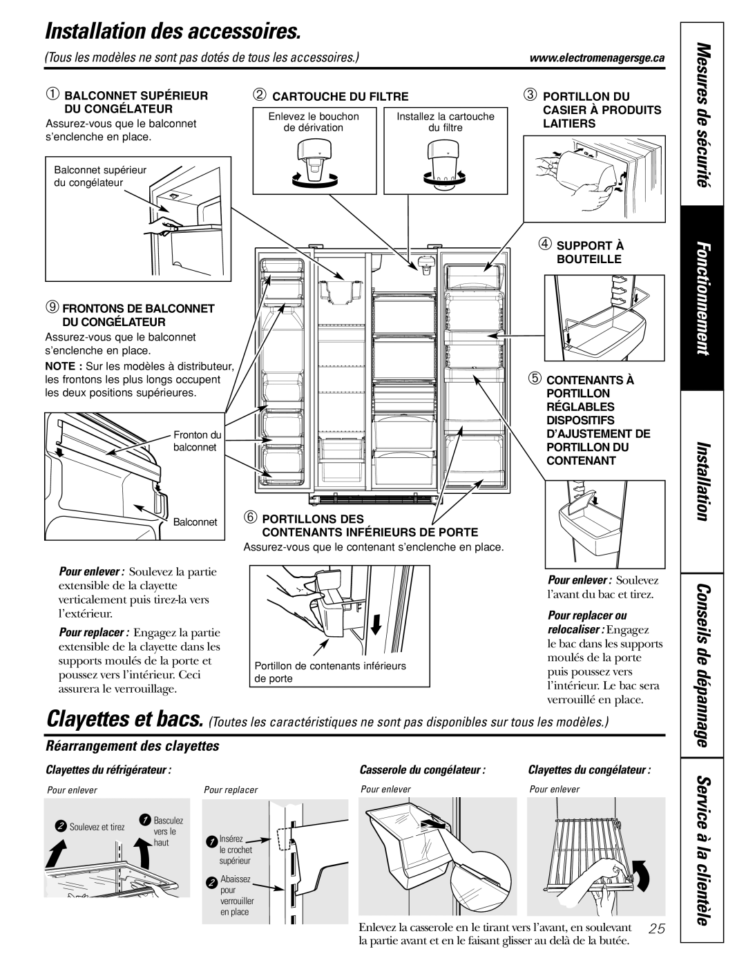 GE 20 Installation des accessoires, Mesures de sécurité, Service à la clientèle, Réarrangement des clayettes 