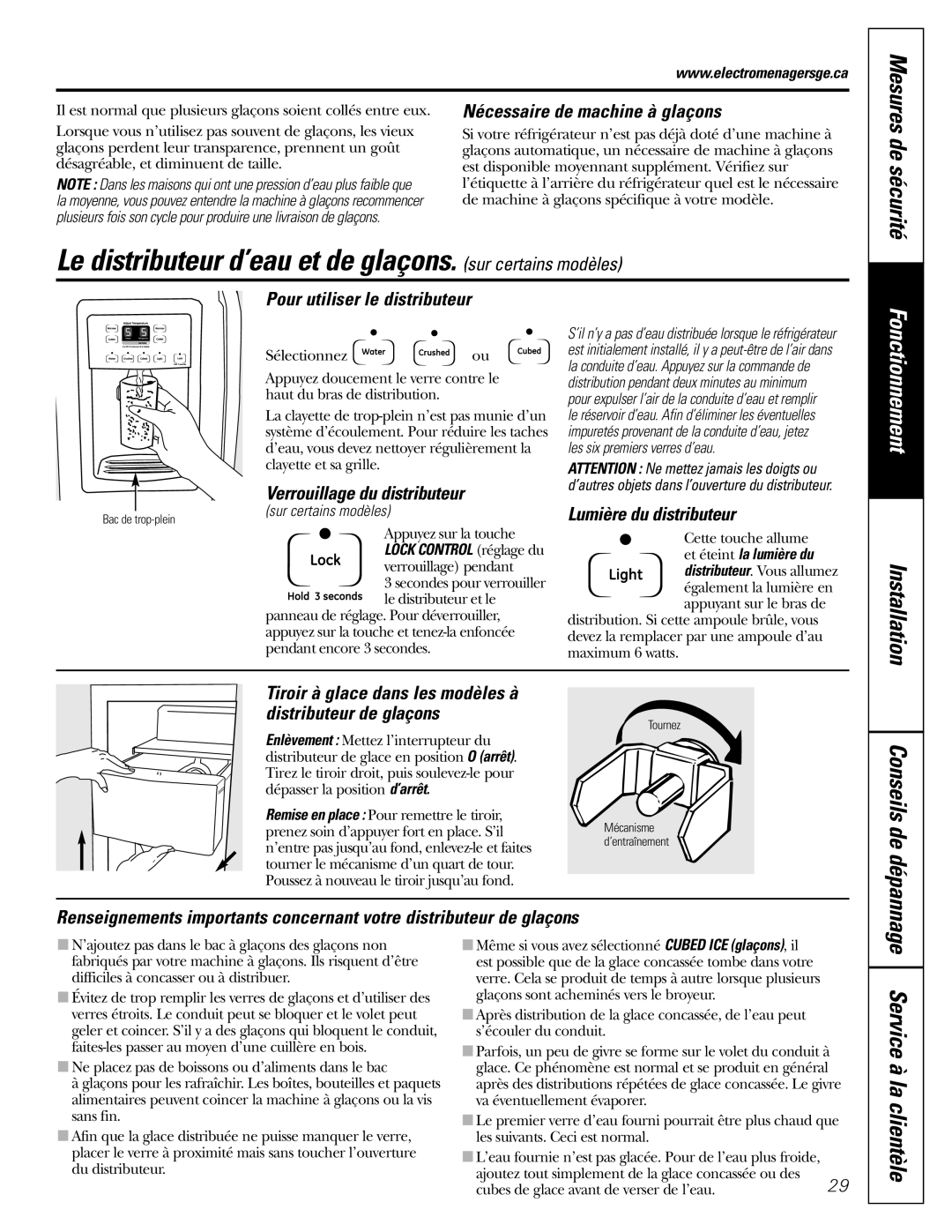 GE 20 Le distributeur d’eau et de glaçons. sur certains modèles, Nécessaire de machine à glaçons, Lumière du distributeur 