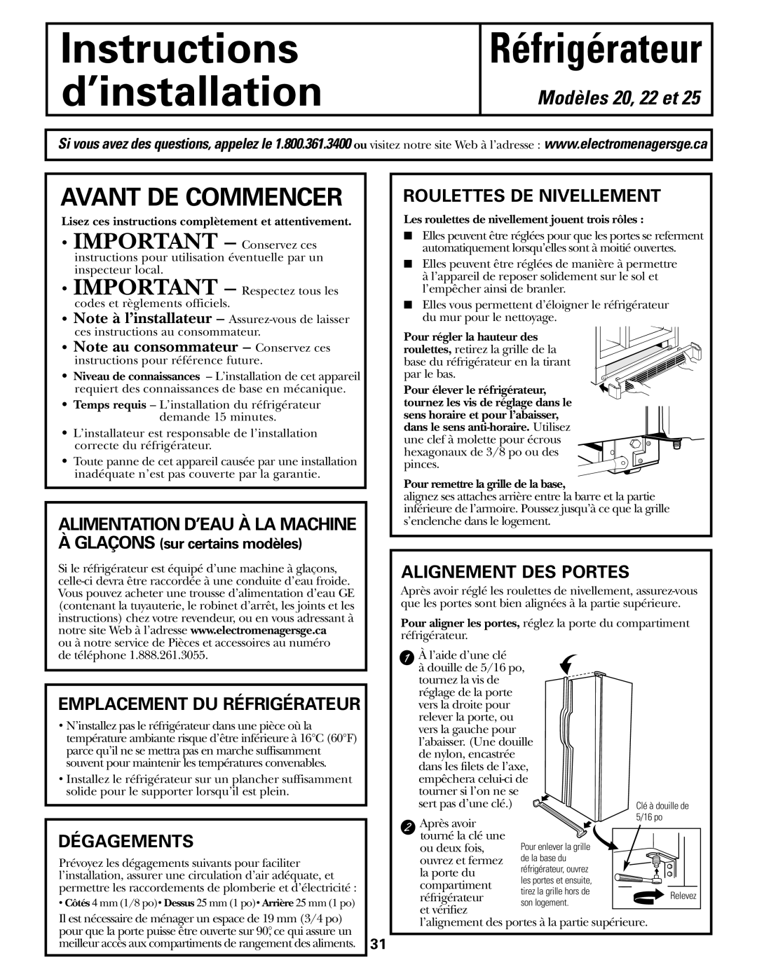 GE 20 Alimentation D’EAU À LA Machine, Emplacement DU Réfrigérateur, Dégagements, Roulettes DE Nivellement 