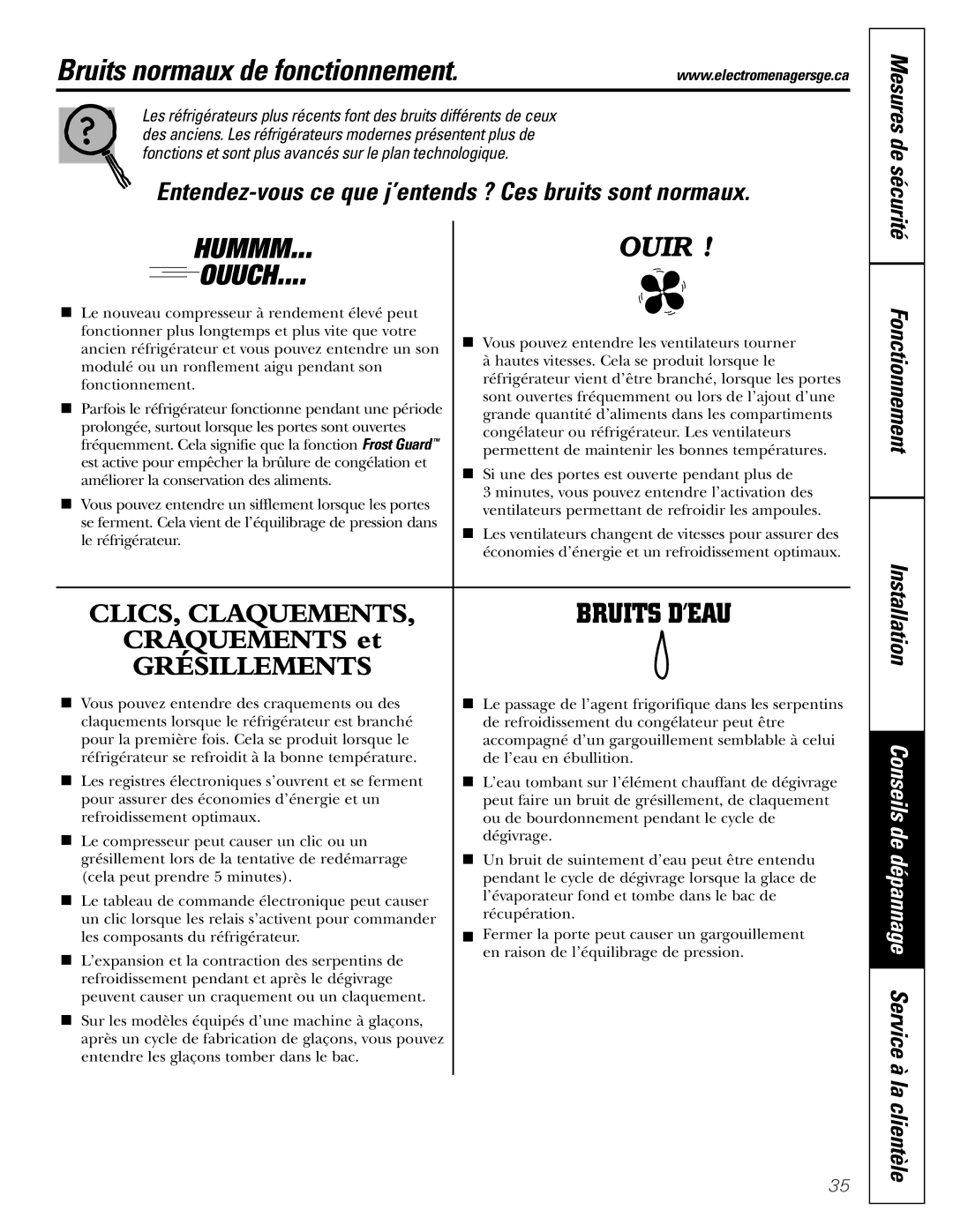 GE 20 manuel dutilisation Bruits normaux de fonctionnement, Mesures de sécurité Fonctionnement Installation 